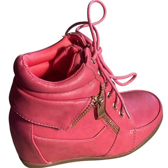 Lucky Top Girls Pink Wedge Sneakers | Lace-Up Leatherette Shoes with Side Zipper - Picture 4 of 7